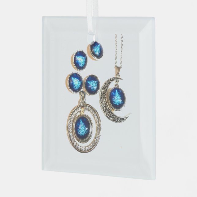 Christmas jewelry Tree blue black bright Moon  Glass Ornament (Front Left)