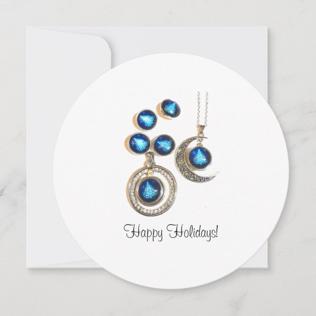 Christmas jewelry Tree blue black bright Moon  Holiday Card (Front)