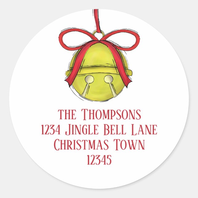 Christmas Jingle Bell Whimsical Return Address Classic Round Sticker (Front)
