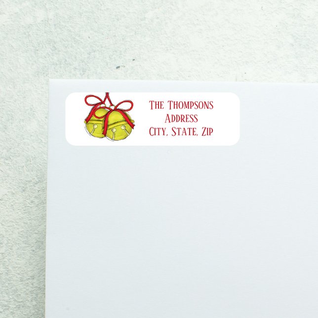 Christmas Jingle Bells Festive Return Address Label (Festive Christmas return address label with gold jingle bells and red ribbon bow.)