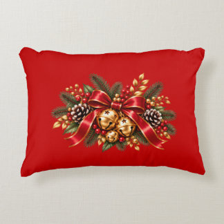 Christmas Jingle Bells Red Bow Festive Accent Pillow