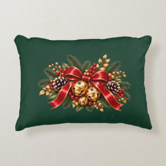 Christmas Jingle Bells Red Bow Festive Accent Pillow