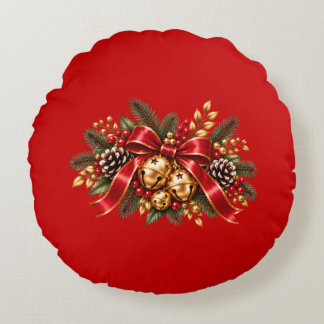 Christmas Jingle Bells Red Bow Festive Round Pillow