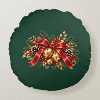 Christmas Jingle Bells Red Bow Festive Round Pillow