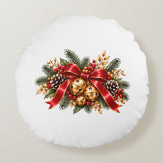 Christmas Jingle Bells Red Bow Festive Round Pillow