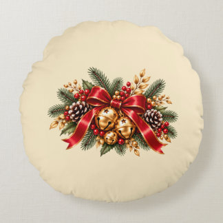 Christmas Jingle Bells Red Bow Festive Round Pillow