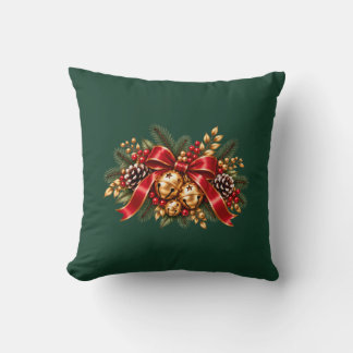 Christmas Jingle Bells Red Bow Festive Throw Pillow