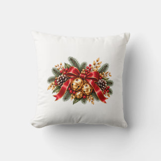 Christmas Jingle Bells Red Bow Festive Throw Pillow