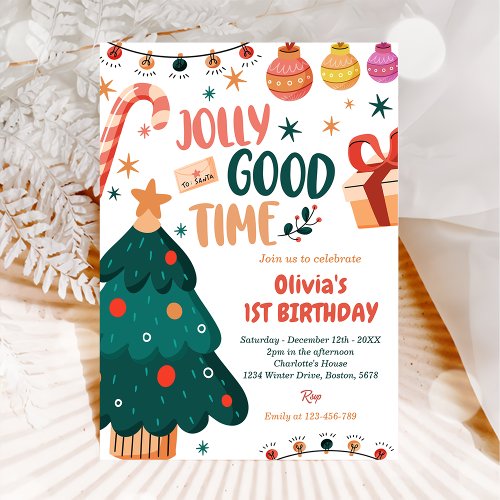 Christmas Jolly Good Time 1st Birthday Invitation