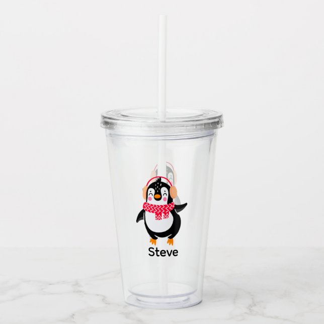 Christmas Jolly Penguin in Scarf with Ear Muffs Acrylic Tumbler (Front)