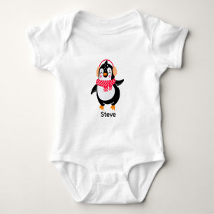 Christmas Jolly Penguin in Scarf with Ear Muffs Baby Bodysuit