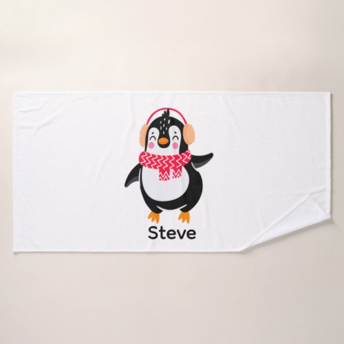 Christmas Jolly Penguin in Scarf with Ear Muffs Bath Towel