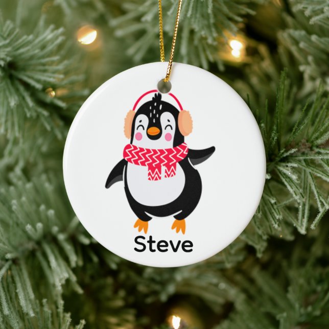 Christmas Jolly Penguin in Scarf with Ear Muffs Ceramic Ornament (Tree)