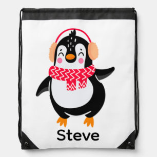 Christmas Jolly Penguin in Scarf with Ear Muffs Drawstring Bag