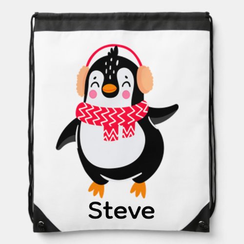 Christmas Jolly Penguin in Scarf with Ear Muffs Drawstring Bag