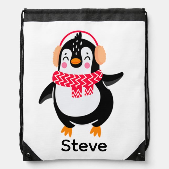 Christmas Jolly Penguin in Scarf with Ear Muffs Drawstring Bag (Front)