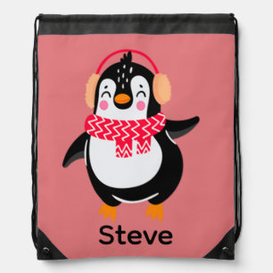 Christmas Jolly Penguin in Scarf with Ear Muffs Drawstring Bag