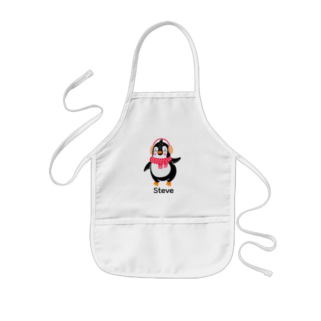 Christmas Jolly Penguin in Scarf with Ear Muffs Kids' Apron (Front)
