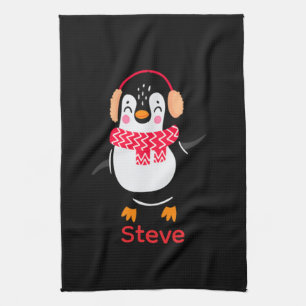 Christmas Jolly Penguin in Scarf with Ear Muffs Kitchen Towel