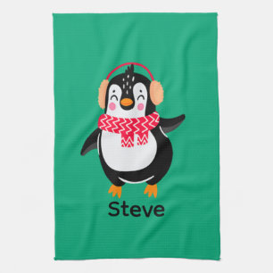 Christmas Jolly Penguin in Scarf with Ear Muffs Kitchen Towel