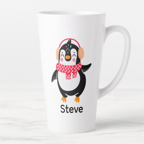 Christmas Jolly Penguin in Scarf with Ear Muffs Latte Mug