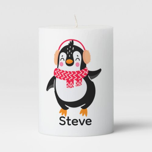 Christmas Jolly Penguin in Scarf with Ear Muffs Pillar Candle