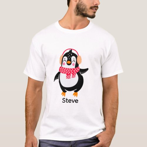 Christmas Jolly Penguin in Scarf with Ear Muffs T_Shirt