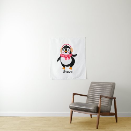 Christmas Jolly Penguin in Scarf with Ear Muffs Tapestry