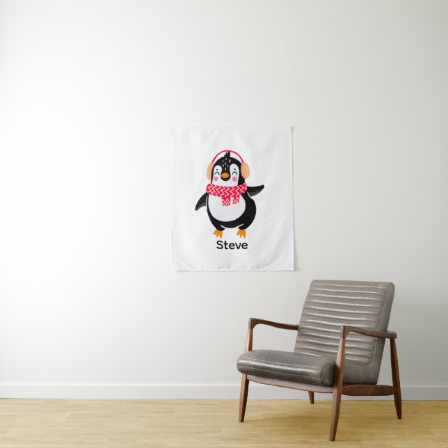 Christmas Jolly Penguin in Scarf with Ear Muffs Tapestry (In Situ)