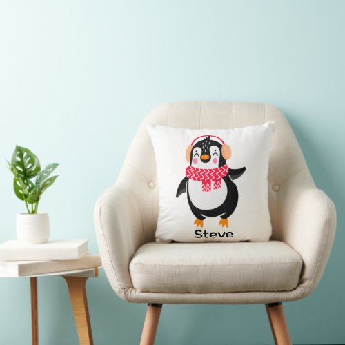 Christmas Jolly Penguin in Scarf with Ear Muffs Throw Pillow