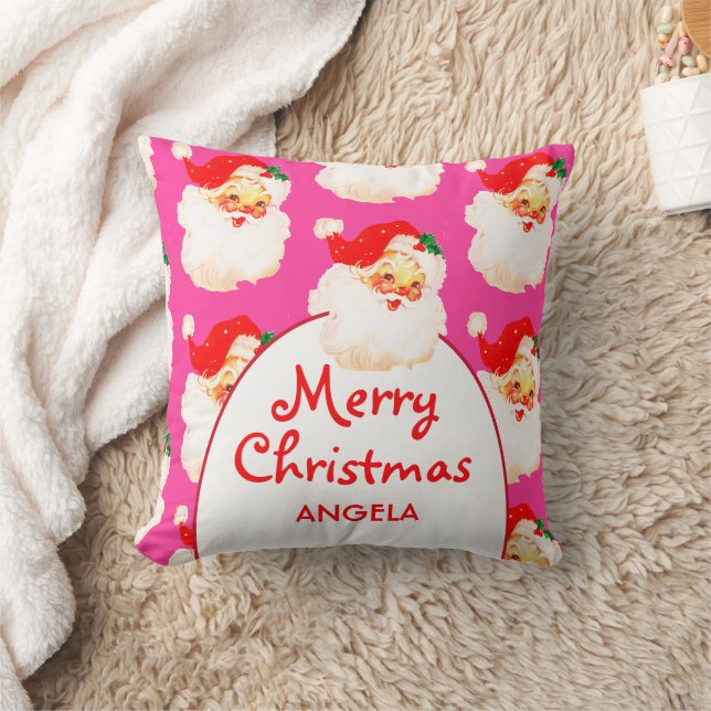 Christmas Jolly Santa Claus Pink Merry Greeting  Throw Pillow (Blanket)