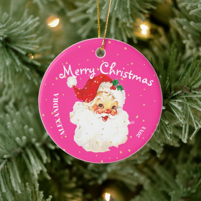  Christmas Jolly Santa Claus Pink  Personal Photo  Ceramic Ornament (Tree)