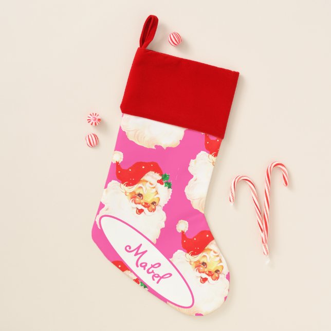 Christmas Jolly Santa Claus Pink Stocking (Front)