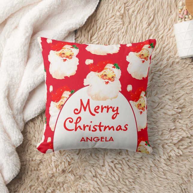 Christmas Jolly Santa Claus Red Merry Greeting  Throw Pillow (Blanket)