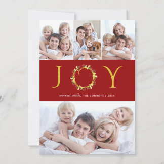 Christmas Joy 4-Photos Red Gold Faux Foil Holiday Card