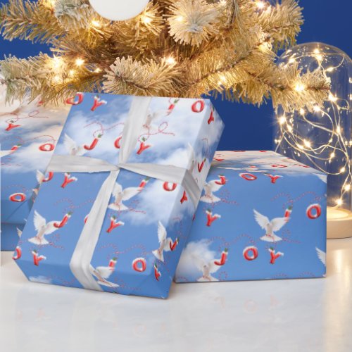 Christmas Joy and White Dove in Sky Wrapping Paper