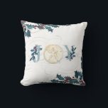 Christmas Joy Beach Coastal Sand Dollar Blue Holly Throw Pillow<br><div class="desc">Simple. Modern. Elegant watercolor design with holly in blues with red and typography design, "JOY" dusty blue with an off white watercolor painted sand dollar. Calligraphy scroll flourishes finish off the image. Uses vintage holly artwork mixed with watercolor painted seashell by internationally licensed artist and designer, Audrey Jeanne Roberts, copyright....</div>