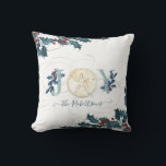 Christmas Joy Beach Coastal Sand Dollar Holly Name Throw Pillow<br><div class="desc">Simple. Modern. Personalized with your family name, this watercolor design has holly greenery in blues with red berries. A typography designed, "JOY" is in dusty blue with an off white watercolor painted sand dollar. Calligraphy scroll flourishes finish off the image. Uses vintage holly artwork mixed with watercolor painted seashell by...</div>