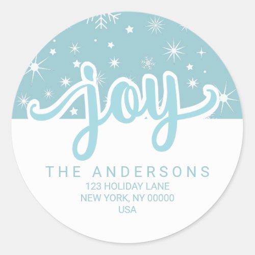 Christmas Joy Blue and White Handwritten Address Classic Round Sticker