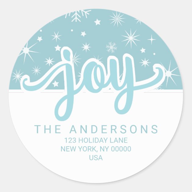 Christmas Joy Blue And White Handwritten Address Classic Round Sticker