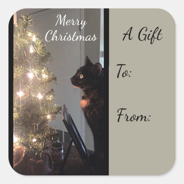 Christmas Joy Calico Cat Gift Sticker (Front)