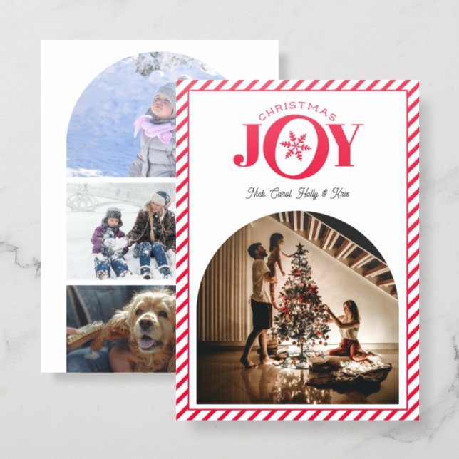 Christmas JOY Candy Cane Stripes Family Letterpress Photo Cards (Front/Back)