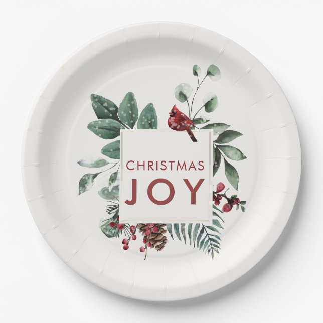 Christmas Joy Cardinal Bird Berries  Paper Plates (Front)