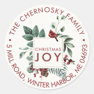 Christmas Joy Cardinal Bird Berries RETURN ADDRESS Classic Round Sticker