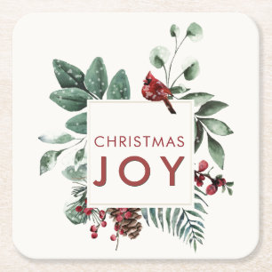 Christmas Joy Cardinal Bird Berries Square Paper Coaster