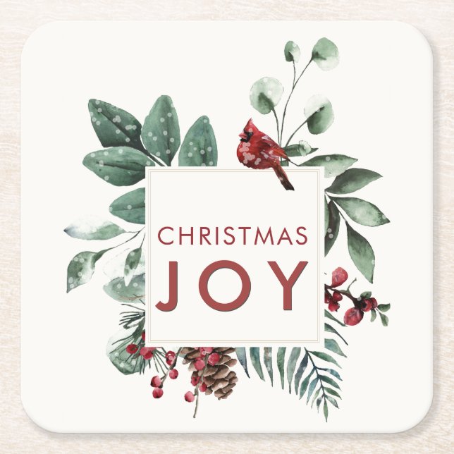 Christmas Joy Cardinal Bird Berries  Square Paper Coaster (Front)