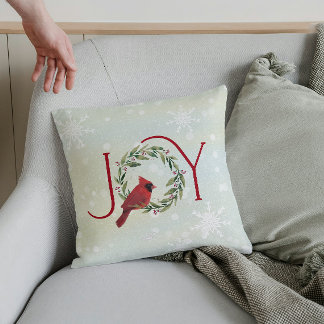 Christmas JOY Cardinal in Wreath Throw Pillow