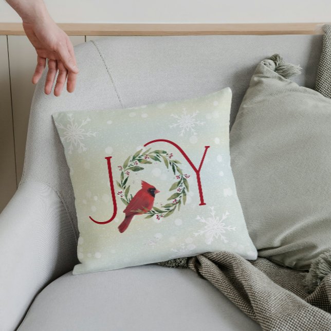 Christmas JOY Cardinal in Wreath  Throw Pillow (Creator Uploaded)
