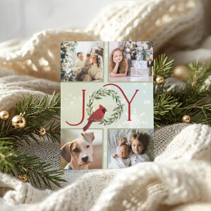 Christmas JOY Custom 4 Photos Cardinal in Wreath Holiday Card