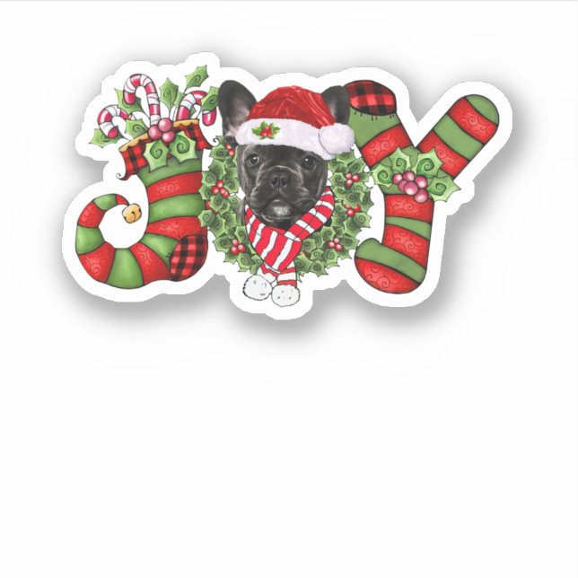 Christmas Joy Dwarf Stocking Black French Bulldog Sticker (Front)